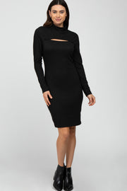 Black Ribbed Mock Neck Front Cutout Dress