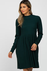 Green Ribbed Mock Neck Long Sleeve Dress