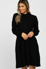 Black Ribbed Mock Neck Long Sleeve Dress