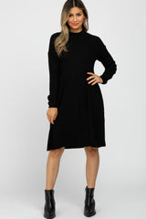 Black Ribbed Mock Neck Long Sleeve Dress