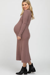 Mauve Mock Neck Flared Maternity Midi Dress