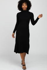 Black Mock Neck Flared Midi Dress