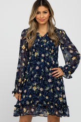 Navy Floral Chiffon Ruffle Accent Dress