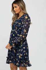 Navy Floral Chiffon Ruffle Accent Dress