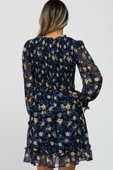 Navy Floral Chiffon Ruffle Accent Dress