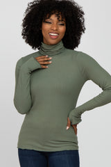 Olive Ribbed Knit Turtleneck Top