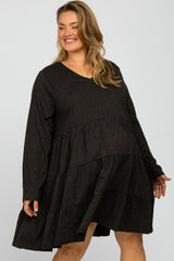 Black Soft Knit Two Tone Tiered Plus Maternity Dress