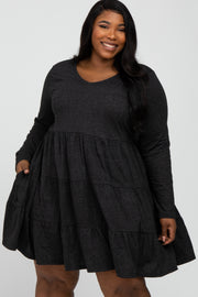 Black Soft Knit Two Tone Tiered Plus Dress