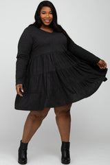 Black Soft Knit Two Tone Tiered Plus Dress