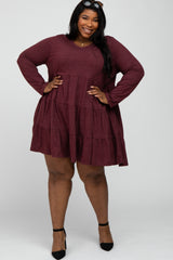 Burgundy Soft Knit Two Tone Tiered Plus Dress