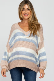 Pink Striped Oversized Maternity V-Neck Sweater