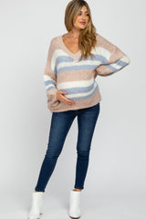 Pink Striped Oversized Maternity V-Neck Sweater