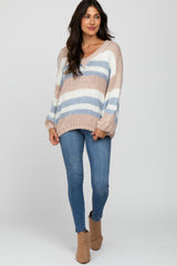 Pink Striped Oversized V-Neck Sweater