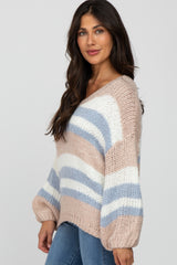 Pink Striped Oversized V-Neck Sweater