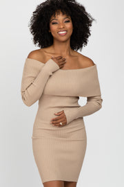 Taupe Ribbed Off Shoulder Fitted Sweater Dress