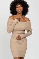 Taupe Ribbed Off Shoulder Maternity Fitted Sweater Dress