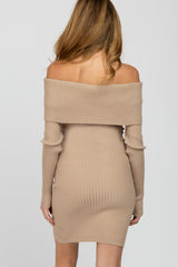 Taupe Ribbed Off Shoulder Maternity Fitted Sweater Dress