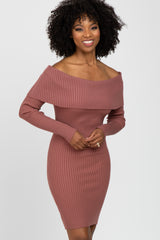 Mauve Ribbed Off Shoulder Fitted Sweater Dress