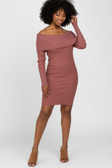 Mauve Ribbed Off Shoulder Fitted Sweater Dress