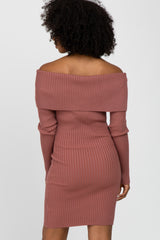 Mauve Ribbed Off Shoulder Fitted Sweater Dress