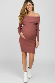 Mauve Ribbed Off Shoulder Maternity Fitted Sweater Dress