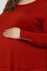 Rust Button Accent Long Sleeve Maternity Plus Top