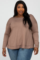 Mocha Button Accent Long Sleeve Plus Top