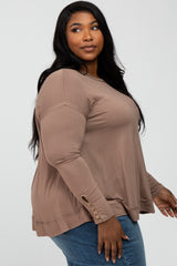 Mocha Button Accent Long Sleeve Plus Top