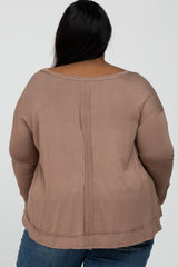 Mocha Button Accent Long Sleeve Plus Top