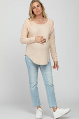 Beige Mixed Knit Round Hem Maternity Top