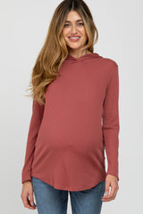 Rust Ribbed Lightweight Maternity Hoodie