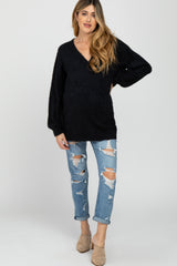 Black Fuzzy V-Neck Maternity Sweater