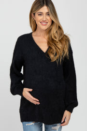 Black Fuzzy V-Neck Maternity Sweater