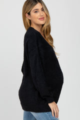 Black Fuzzy V-Neck Maternity Sweater