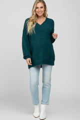 Teal Fuzzy V-Neck Maternity Sweater