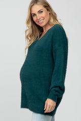 Teal Fuzzy V-Neck Maternity Sweater