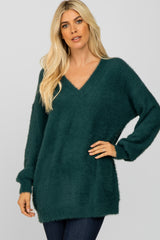 Teal Fuzzy V-Neck Maternity Sweater