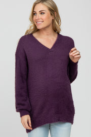 Purple Fuzzy V-Neck Maternity Sweater