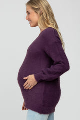 Purple Fuzzy V-Neck Maternity Sweater