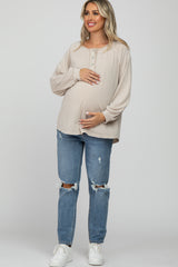 Beige Long Sleeve Button Front Maternity Top