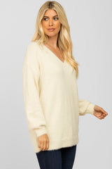 Cream Fuzzy V-Neck Sweater