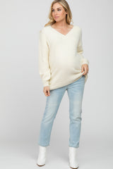 Cream Fuzzy V-Neck Maternity Sweater