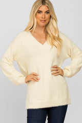 Cream Fuzzy V-Neck Maternity Sweater