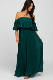 Forest Green Chiffon Pleated Off Shoulder Maxi Dress