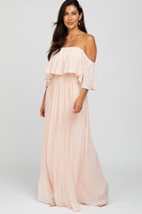 Peach Chiffon Pleated Off Shoulder Maternity Maxi Dress