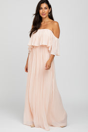 Peach Chiffon Pleated Off Shoulder Maxi Dress