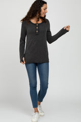 Faded Black Ribbed Button Accent Top