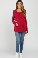 Red Ribbed Button Accent Maternity Top