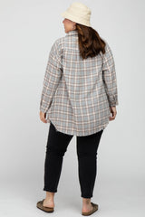 Grey Plaid Button Up Collared Flannel Plus Top