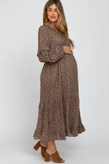 Brown Floral Button Ruffle Accent Maternity Dress